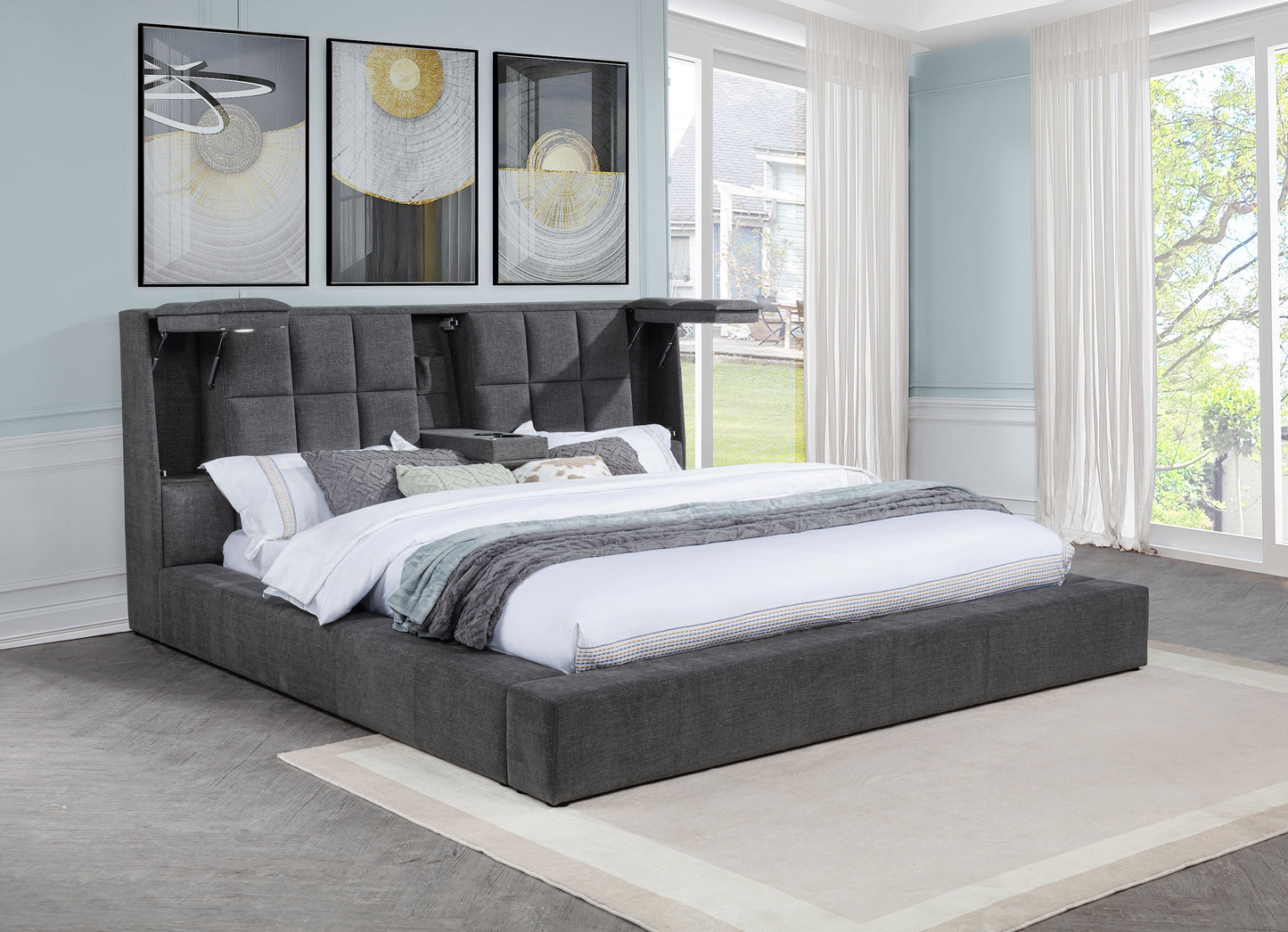 Dreux Upholstered California King Panel Platform Bed Grey