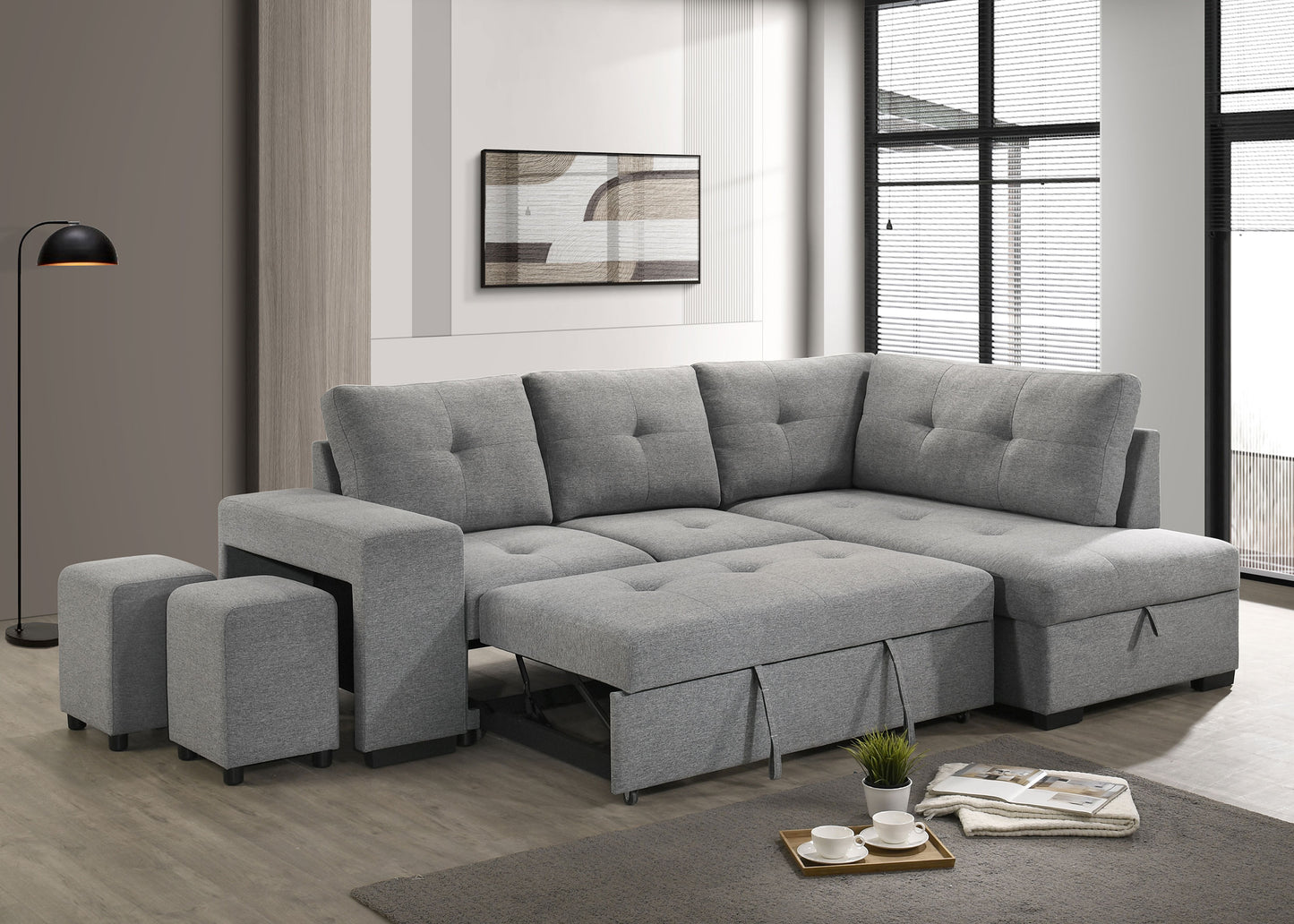 Roanne Fabric Upholstered Sleeper Sectional Sofa Grey