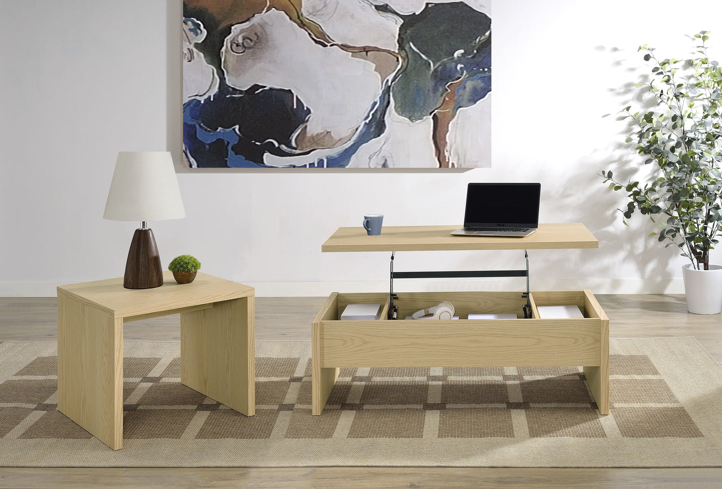 Canoga 2-piece Lift Top Cocktail Coffee Table Set Light Oak