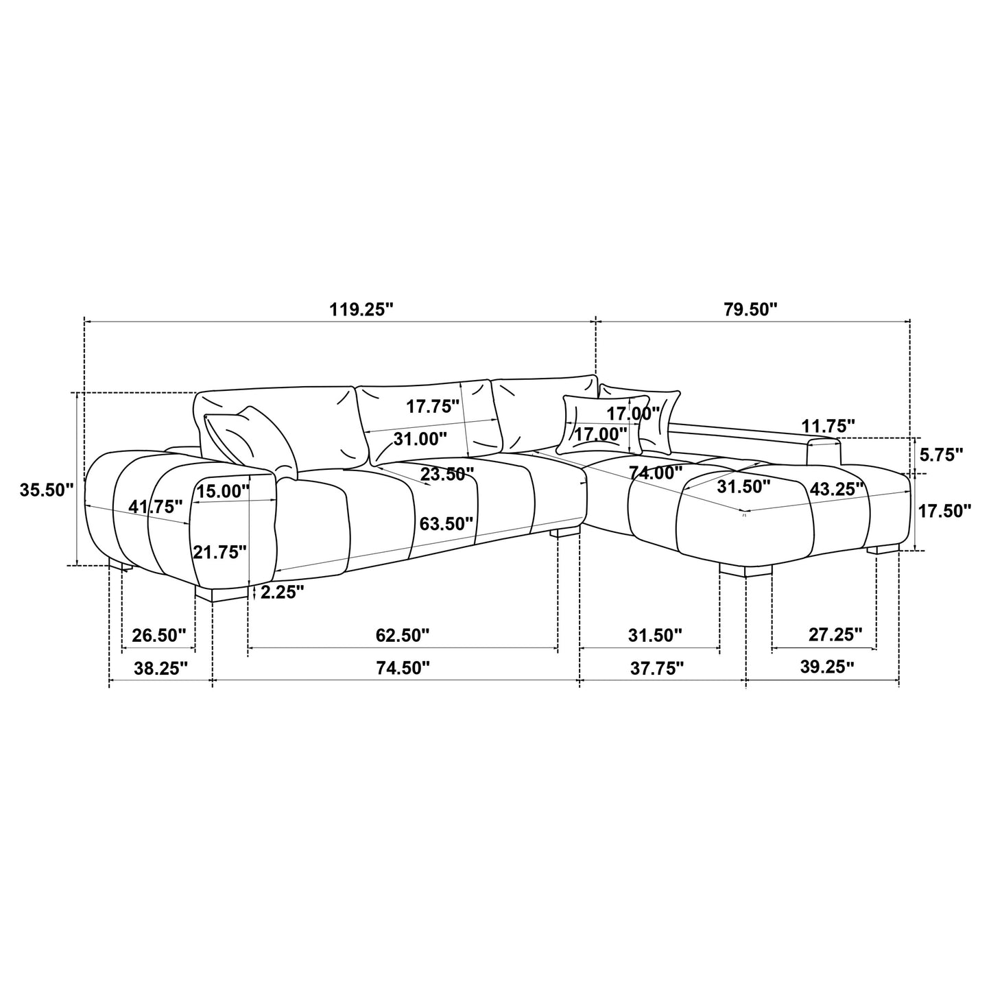 Octavia Upholstered Sectional Chaise Sofa Black