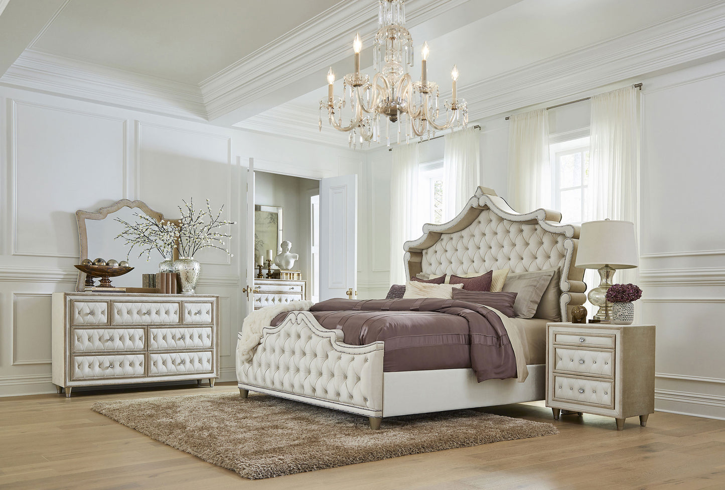 Antonella Upholstered Eastern King Panel Bed Ivory and Camel