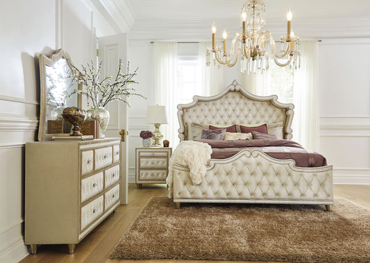 Antonella 4-Piece California King Upholstered Tufted Bedroom Set Ivory and Camel