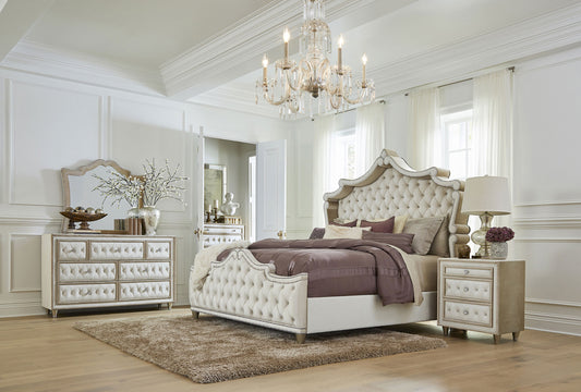 Antonella 5-Piece California King Upholstered Tufted Bedroom Set Ivory and Camel