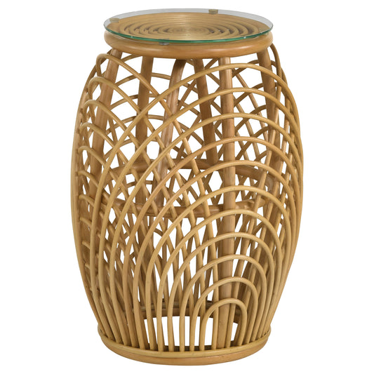 Dahlia Round Glass Top Woven Rattan End Table Natural Brown