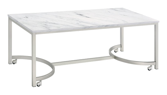 Leona Faux Marble Coffee Table with Casters Satin Nickel